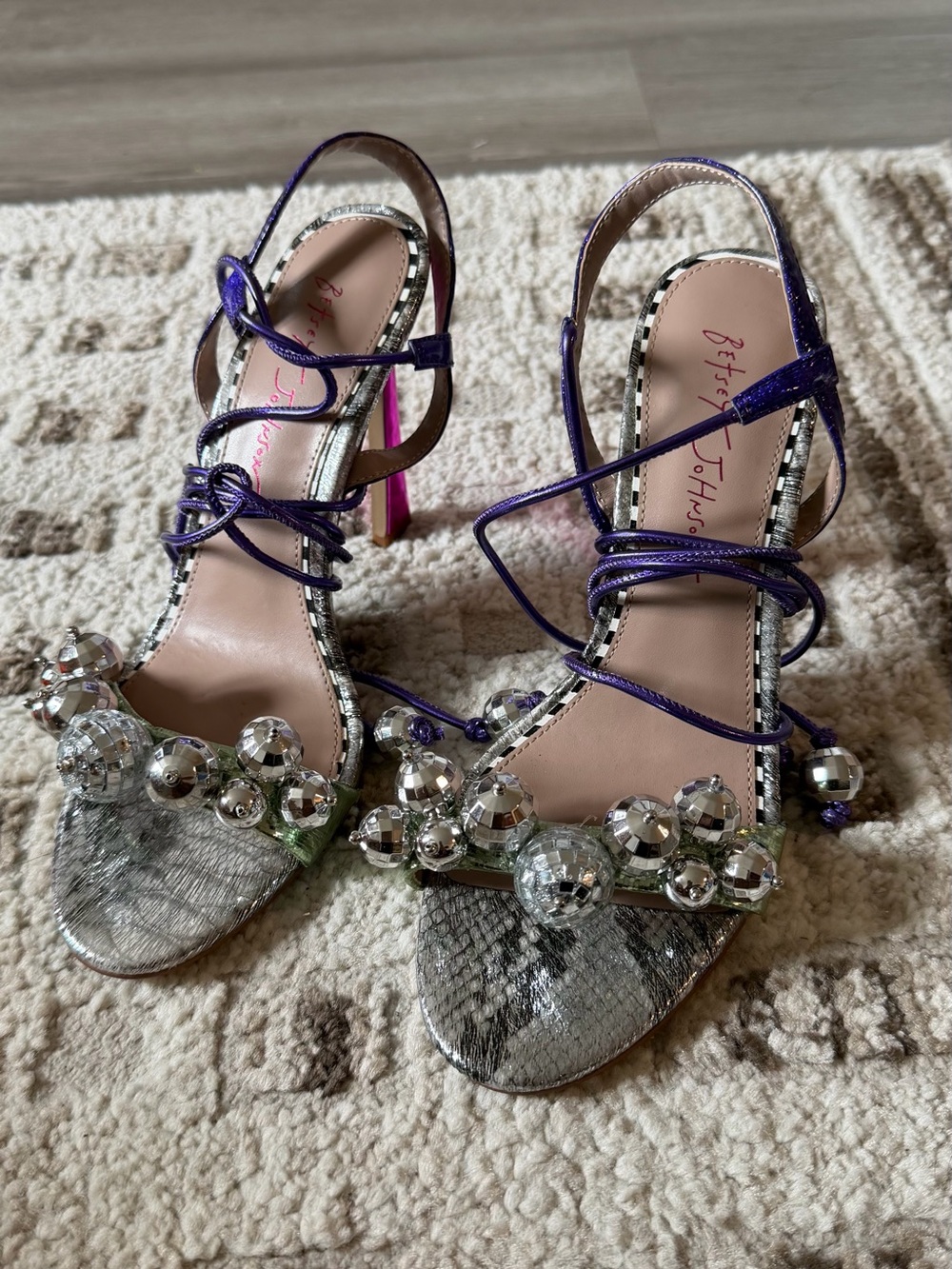 Betsey Johnson Silver Snakeskin Effect Strappy Heels with Purple Laces